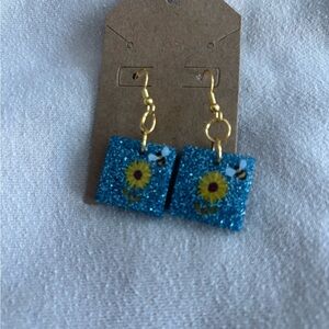 Blue Glitter Sunflower Earrings